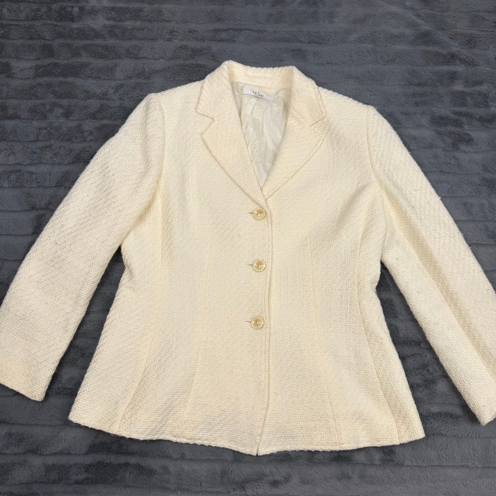 Le Suit Petite Cream White Boucle Tweed Blazer Jacket 10P RN 50610 Professional